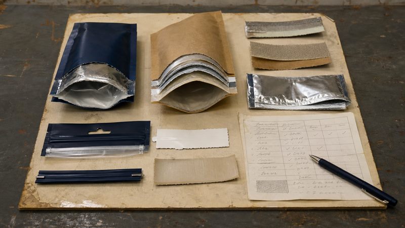 Flexible pet food packaging material and barrier samples on a workbench