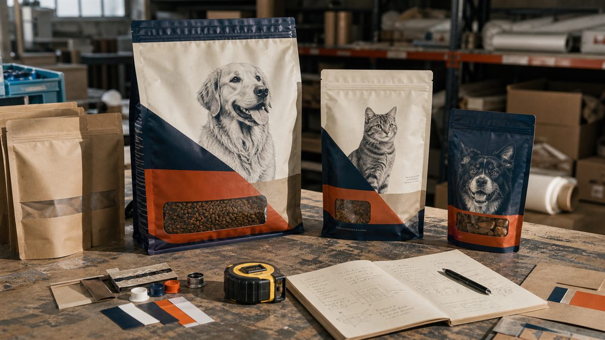 Custom pet food bags and stand-up pouches on a packaging supplier workbench