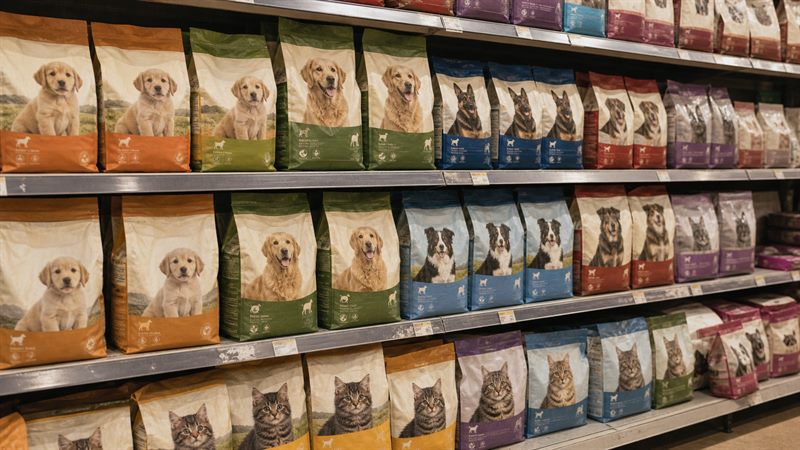 Coordinated dog food and cat food packaging range on a retail shelf