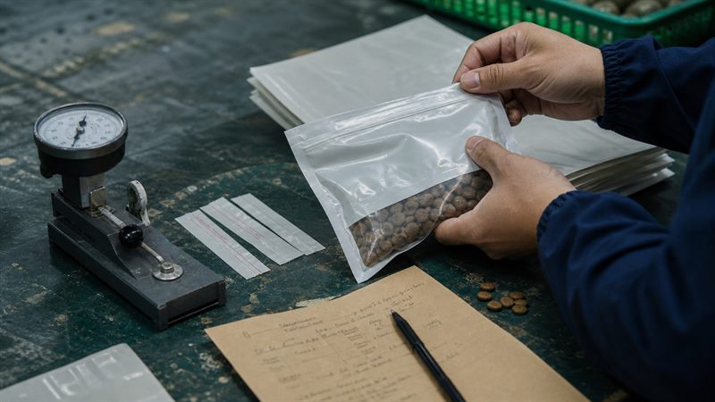 Technician checking the zipper and heat seal on a pet food pouch