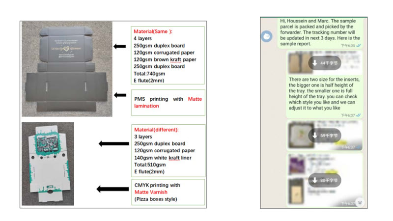 Real project record comparing pizza box material layers and showing food tray sample communication