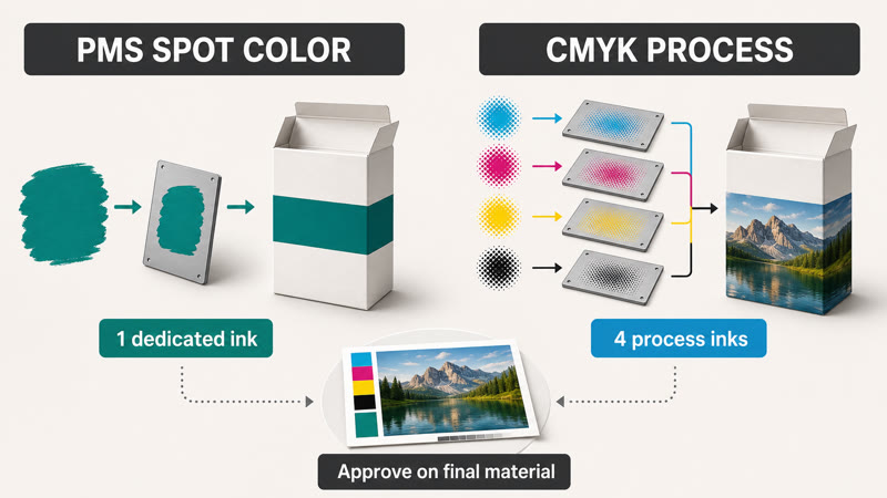 Diagram comparing a dedicated PMS spot-color ink with four CMYK process inks on packaging