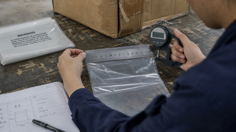 Poly bag opening, flat size, and film thickness being checked with a ruler and gauge