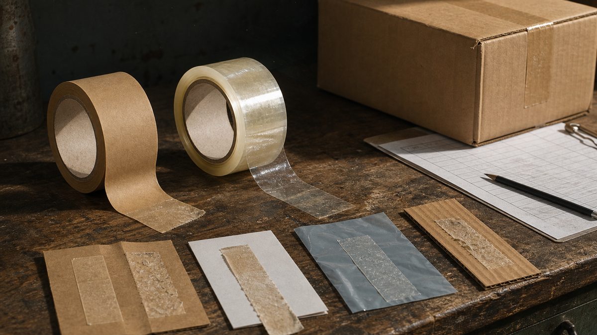 Paper and clear packaging tape rolls tested on kraft paperboard, coated card and plastic film beside a shipping carton