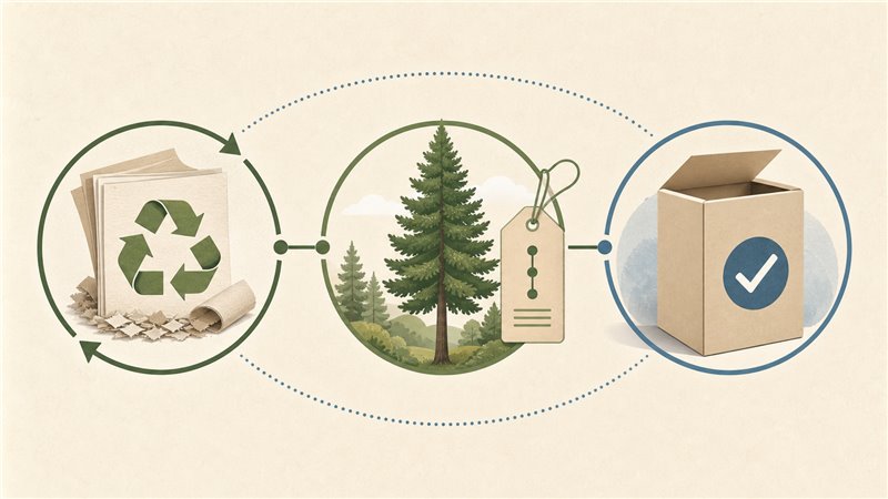 Diagram showing recycled fiber, responsible forest traceability, and packaging performance as linked sourcing factors