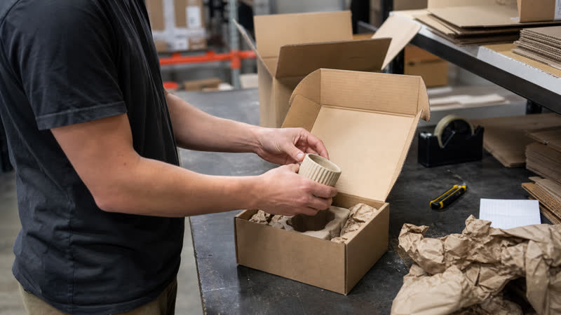 Recycled shipping box with paper insert and cushioning protecting a product during packing
