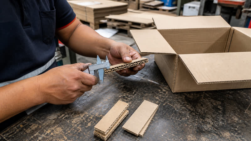 Stock shipping box beside a right-sized recycled corrugated box with paper void fill