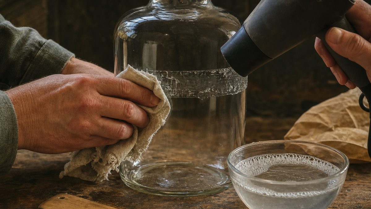 Hands using a cloth and controlled hair dryer to loosen packaging tape residue from a glass jar