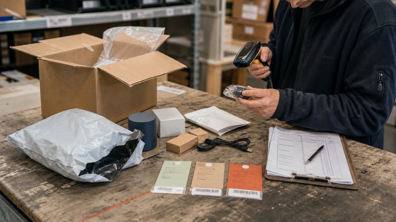 Returned ecommerce products being inspected with a barcode scanner and condition tags