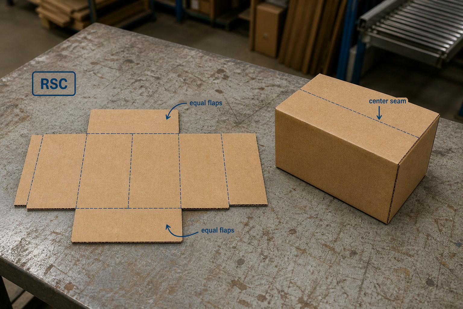 Realistic RSC dieline and finished corrugated shipping box
