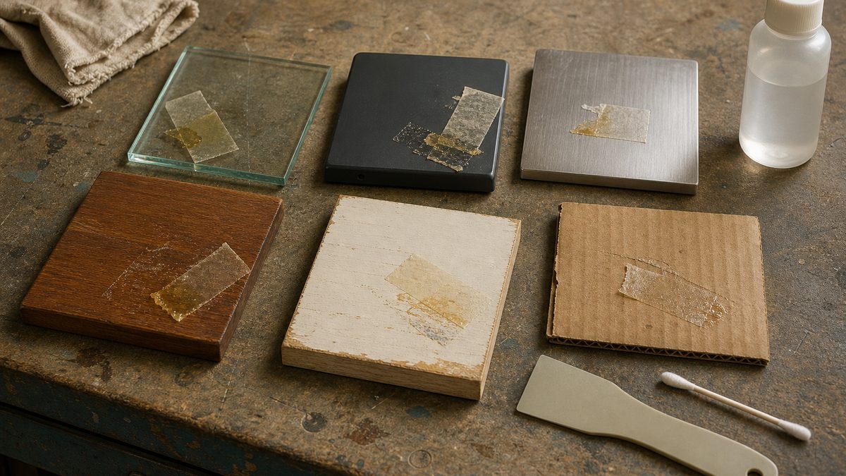 Glass, plastic, metal, wood, painted board and corrugated cardboard samples with tape residue on a worn inspection bench