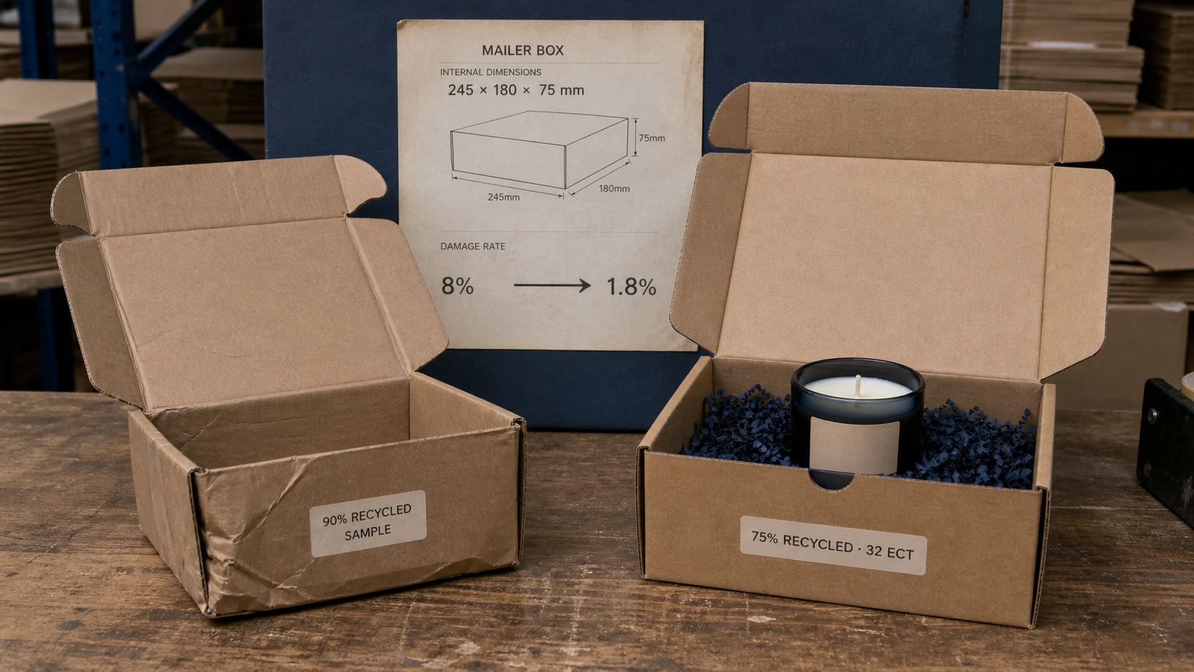 Comparison of a crushed 90 percent recycled mailer sample and an intact 75 percent recycled mailer for candle shipping