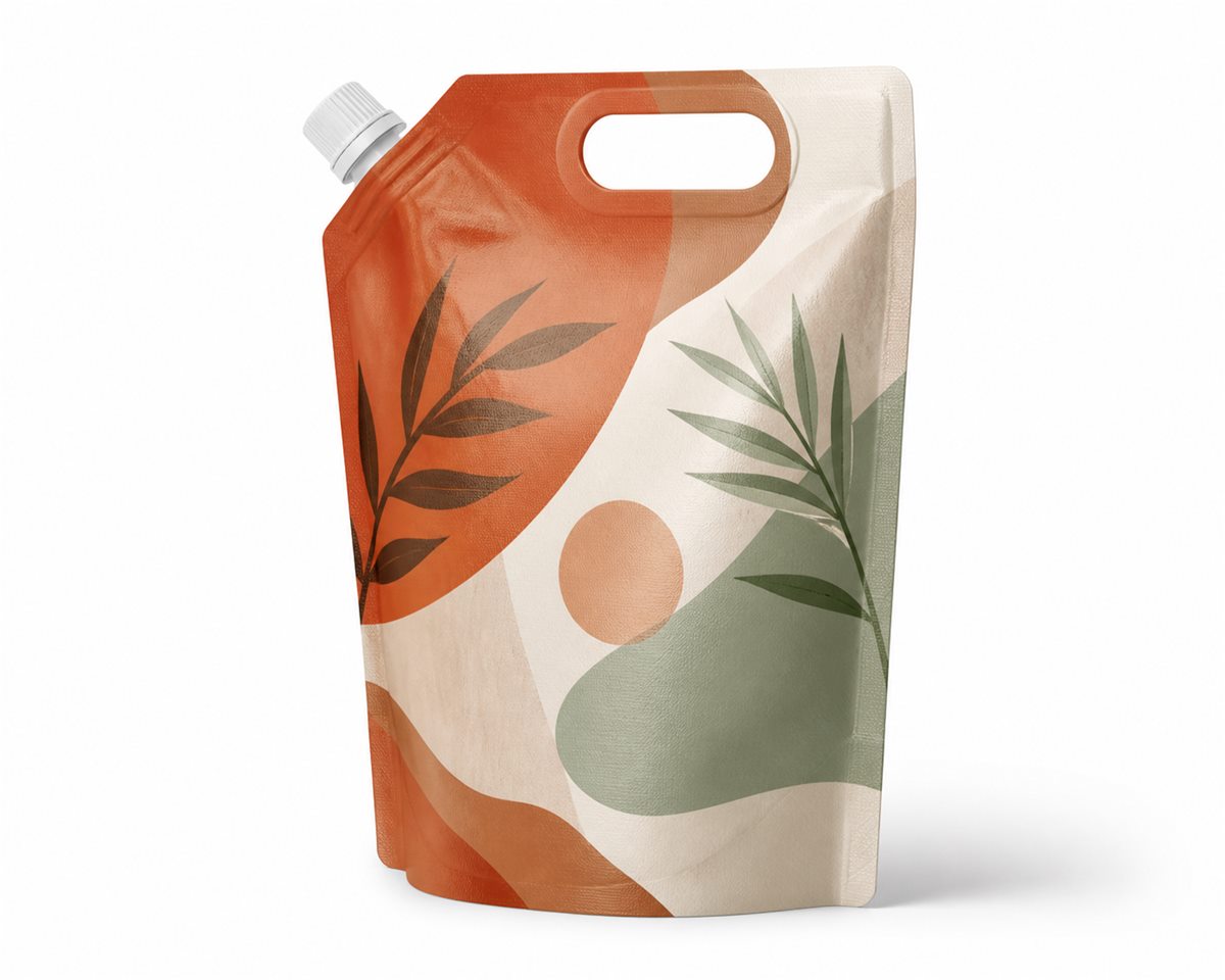 printed refill spout pouch with integrated handle