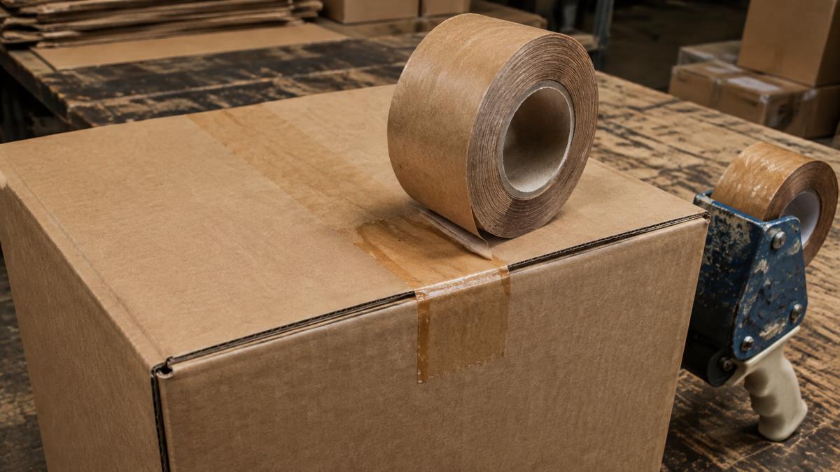 Water-activated gummed tape sealing a kraft corrugated shipping carton on a worn packaging workbench