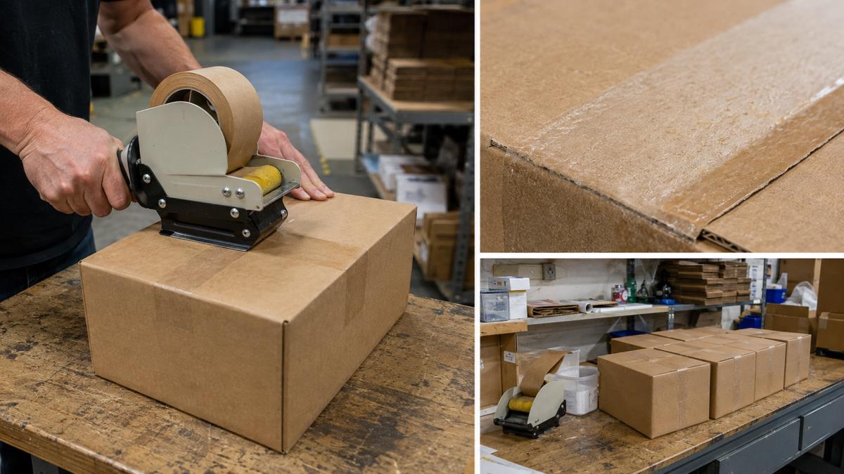 Manual water-activated tape dispenser applying gummed paper tape to a corrugated shipping carton