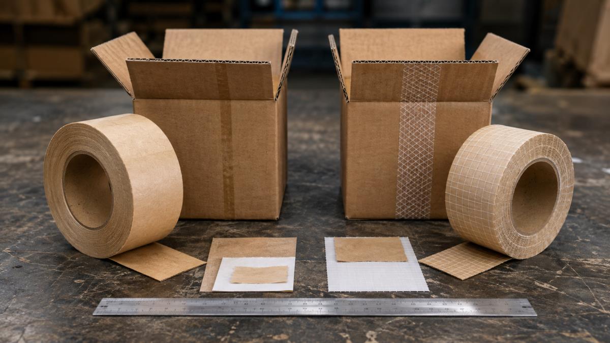 Comparison of plain paper gummed tape and reinforced water-activated tape beside corrugated carton samples