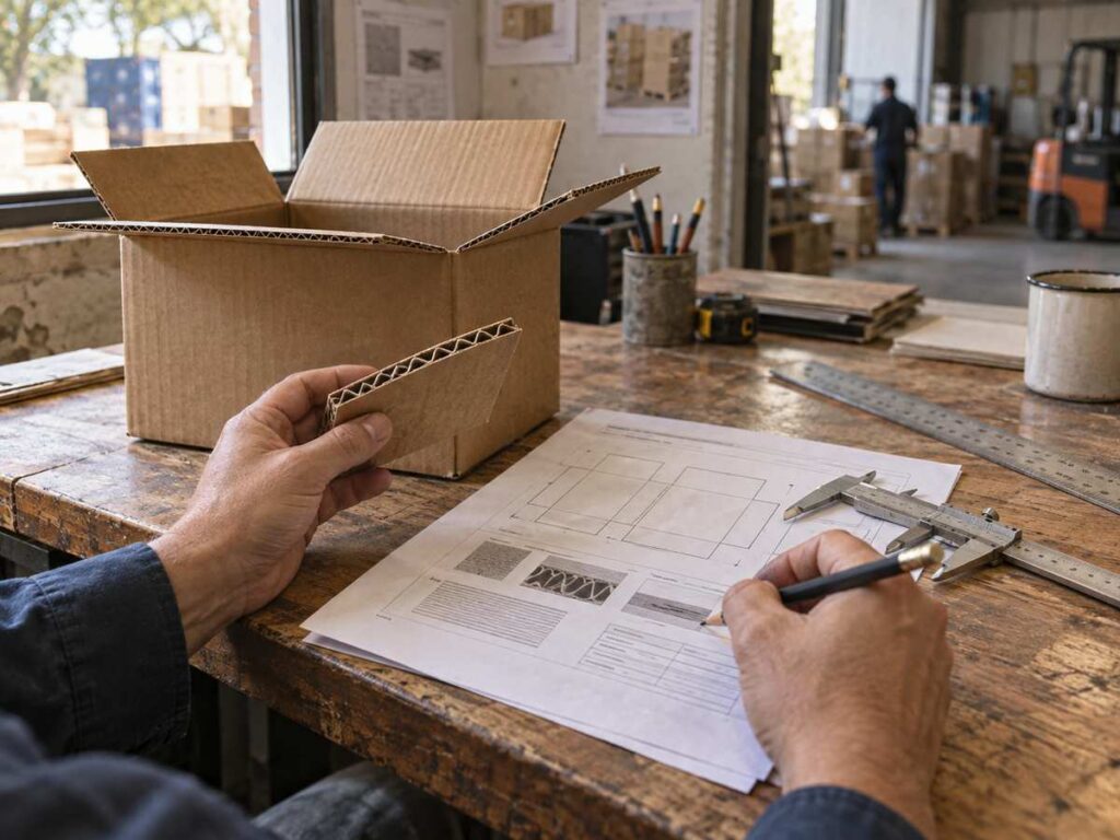 Buyer reviewing corrugated box dimensions and strength requirements for an RFQ