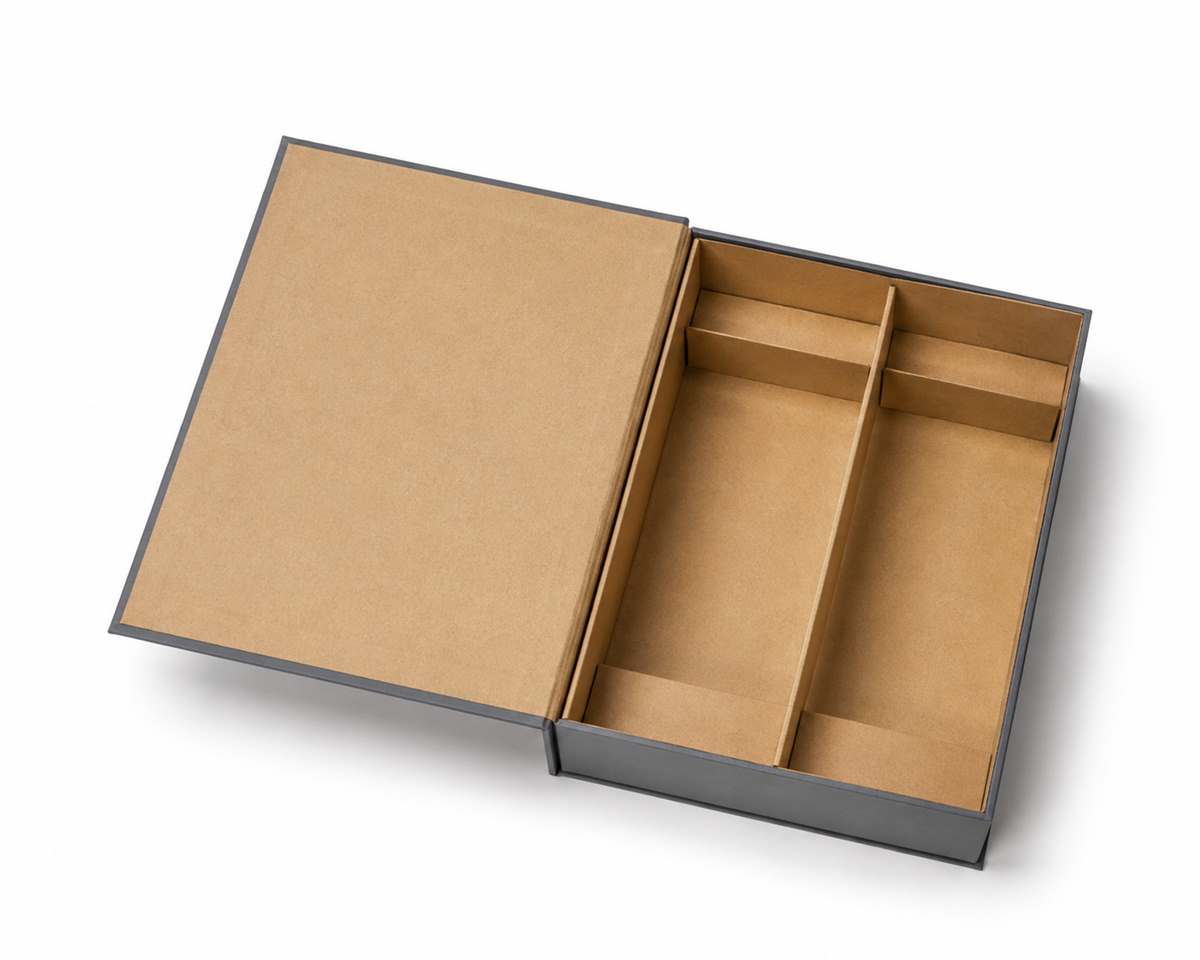 open custom booklet box with space for a booklet and inserts
