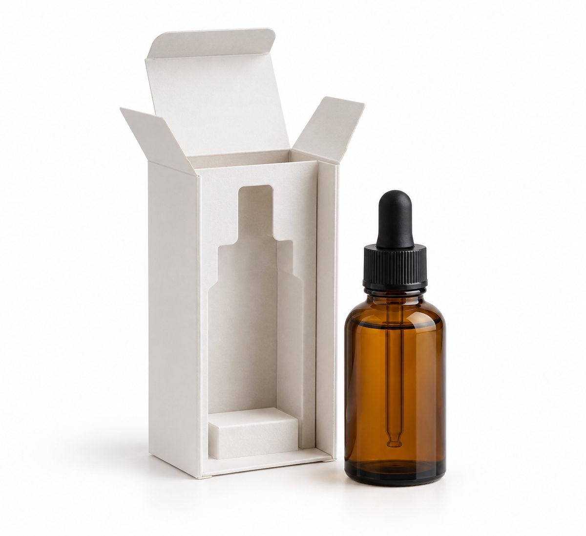 white custom bottle box with a glass bottle and blister pack