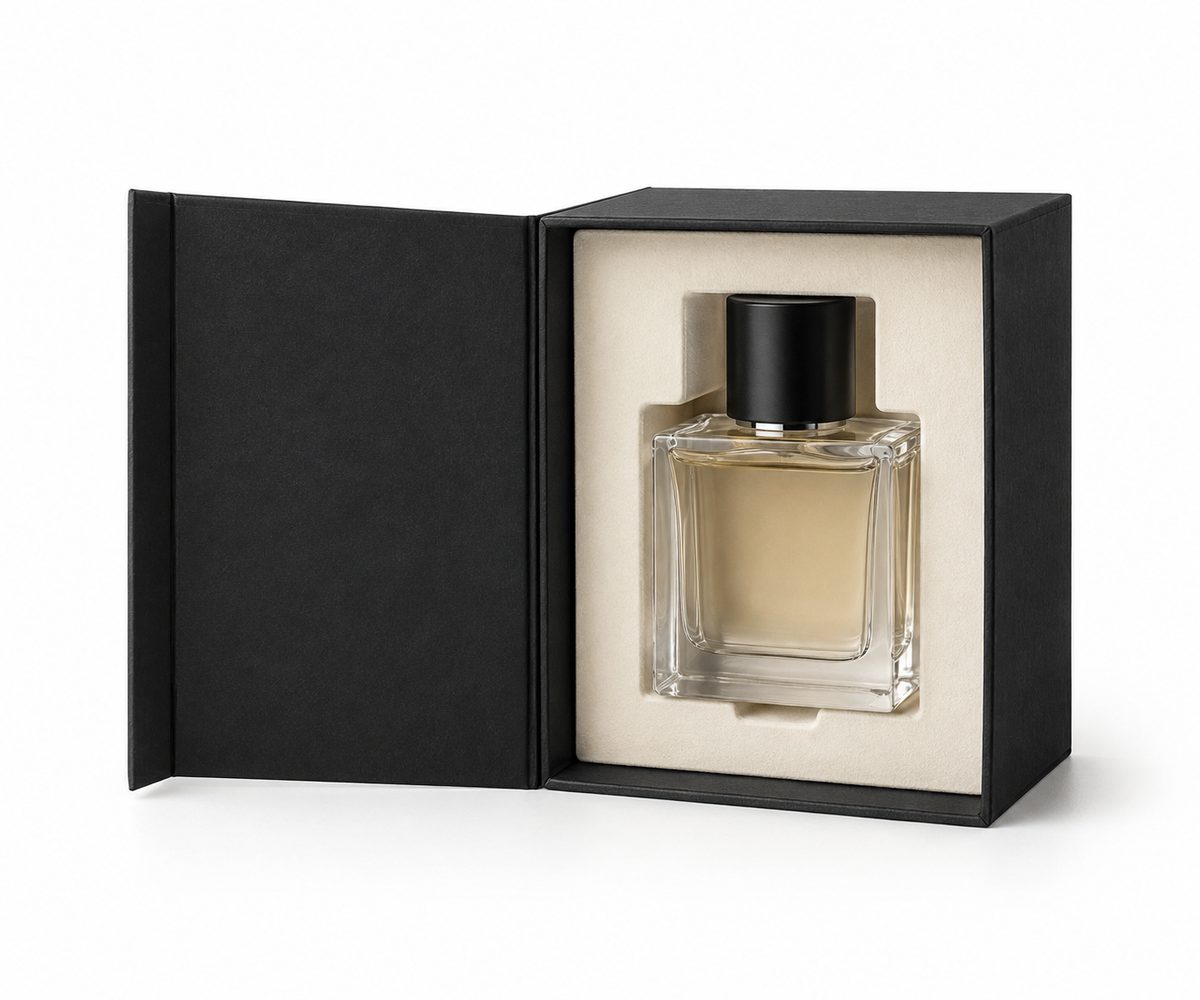 black rigid custom bottle box with an internal bottle insert