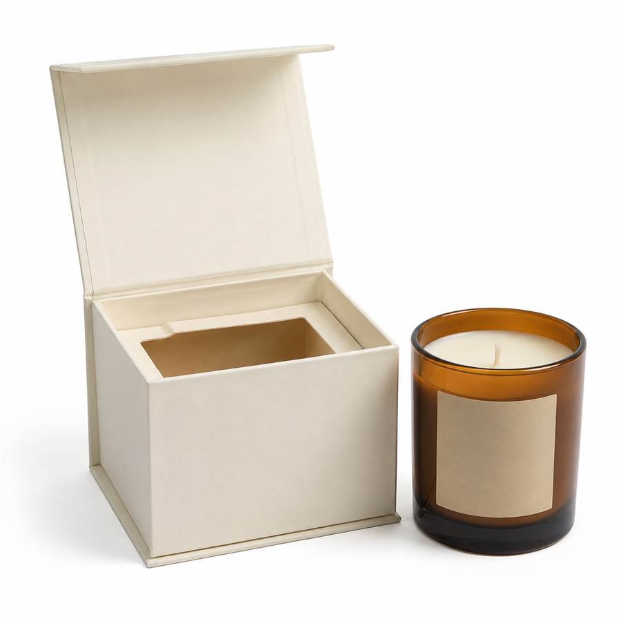 custom rigid candle box with an amber glass candle jar