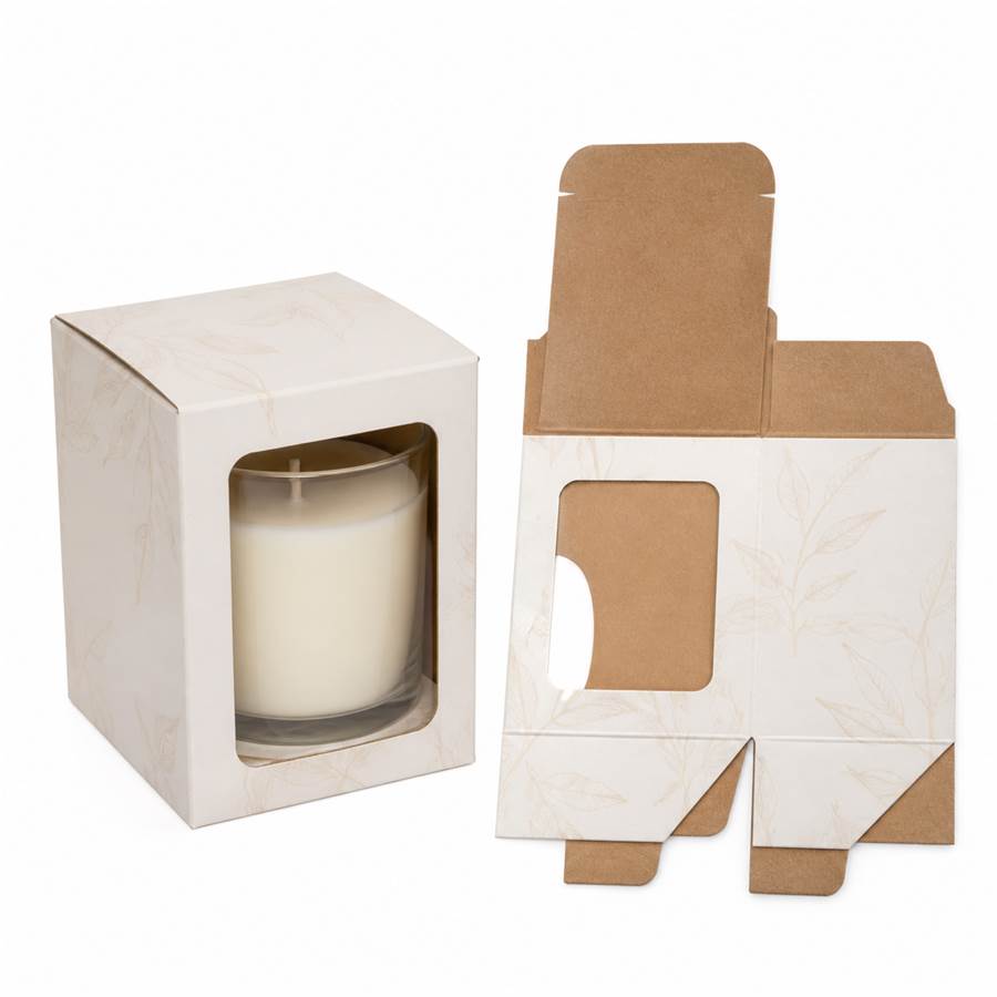 custom window candle carton showing a glass candle jar