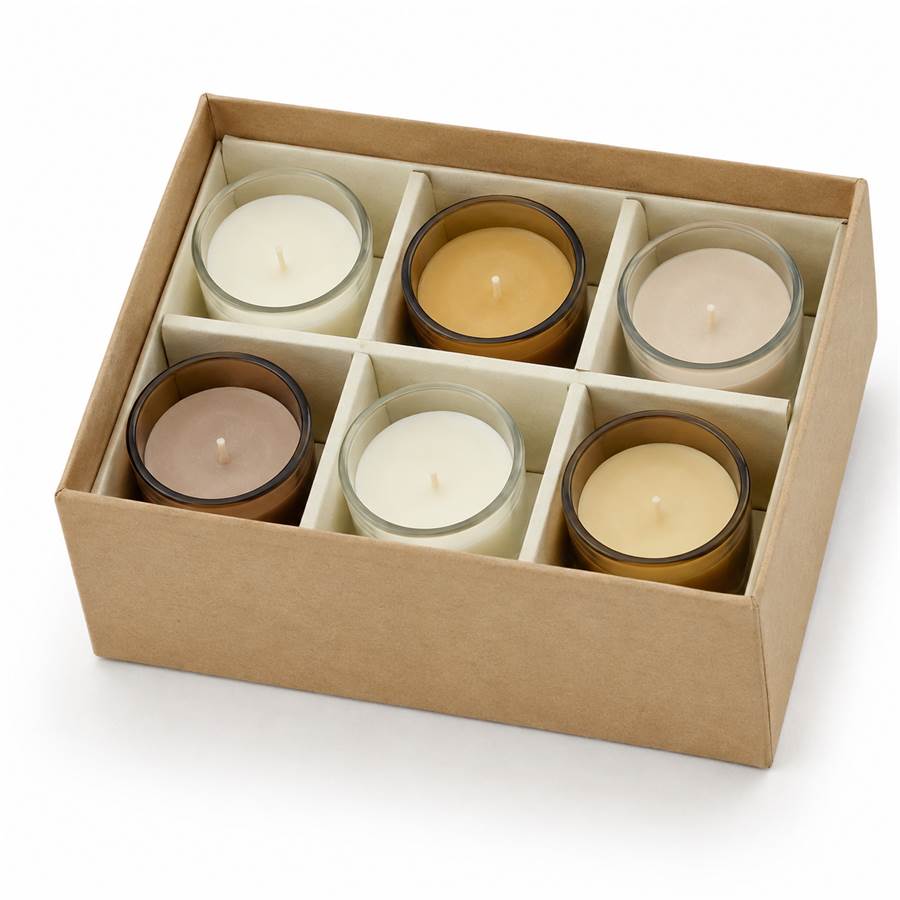 kraft candle gift box with six fitted votive candle compartments