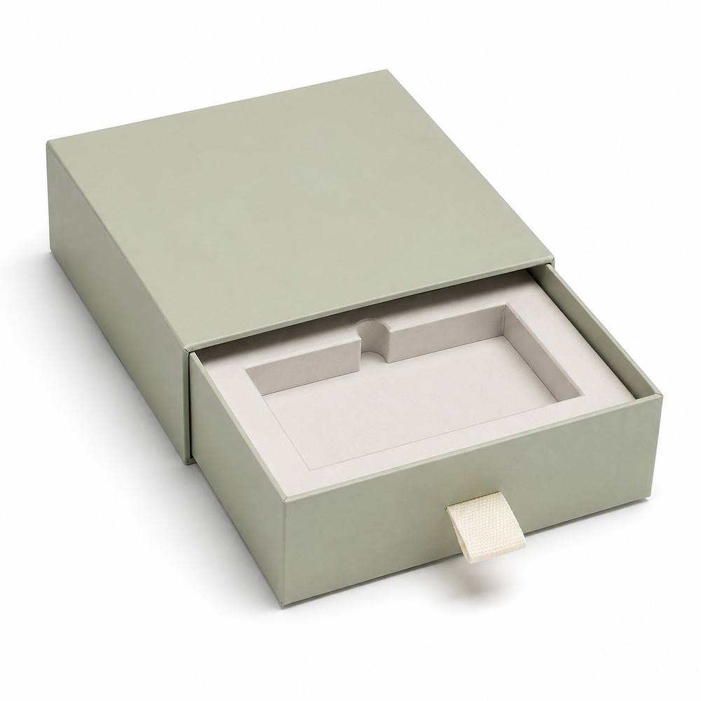 custom rigid drawer box with pull ribbon and product-fit interior