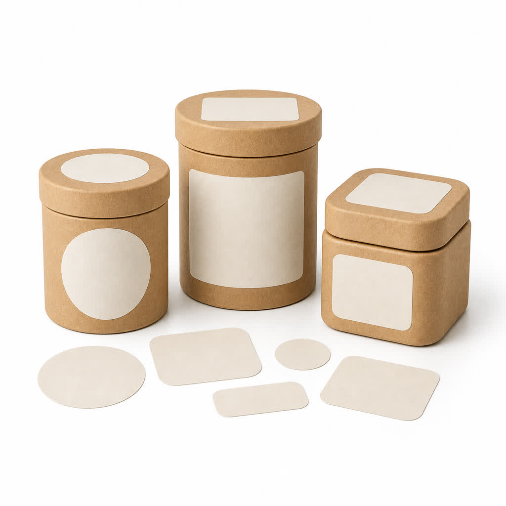 custom die-cut paper labels arranged with a kraft package