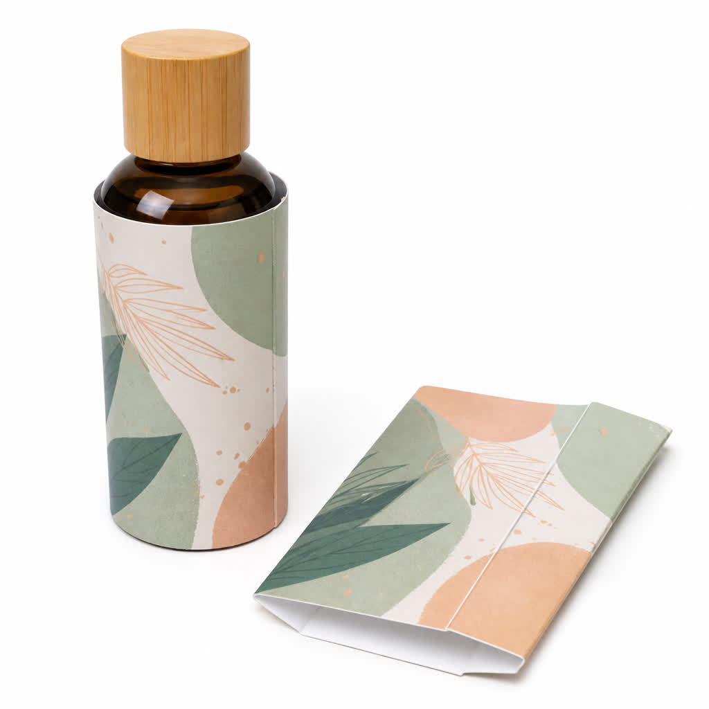printed paper sleeve fitted around a cosmetic bottle