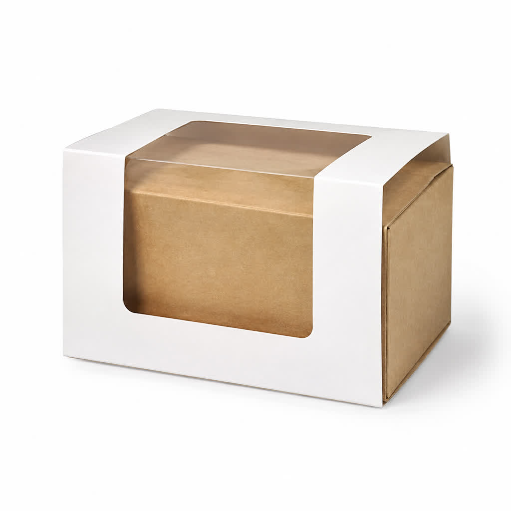die-cut window packaging sleeve around a kraft box