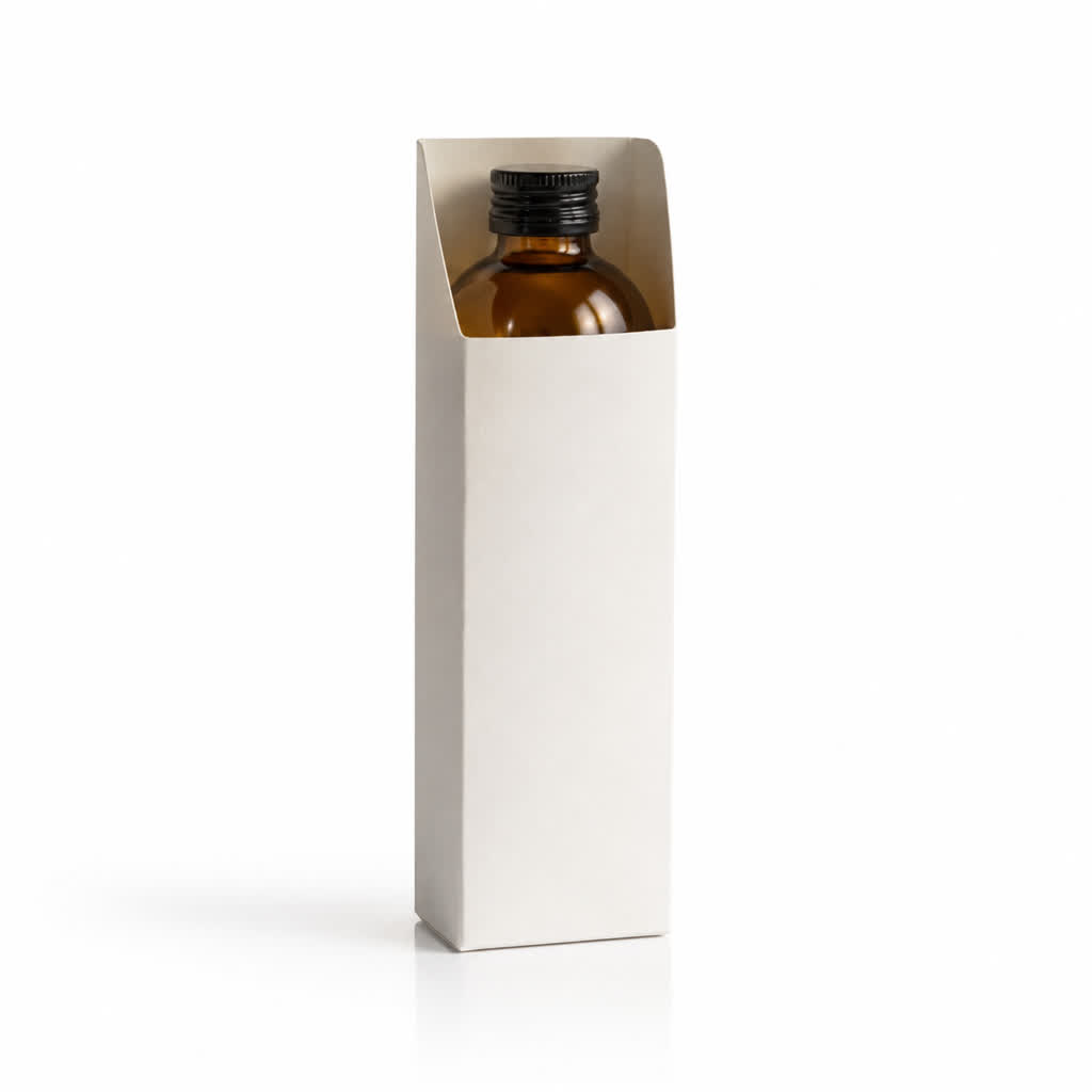 tall printed packaging sleeve around a cosmetic bottle