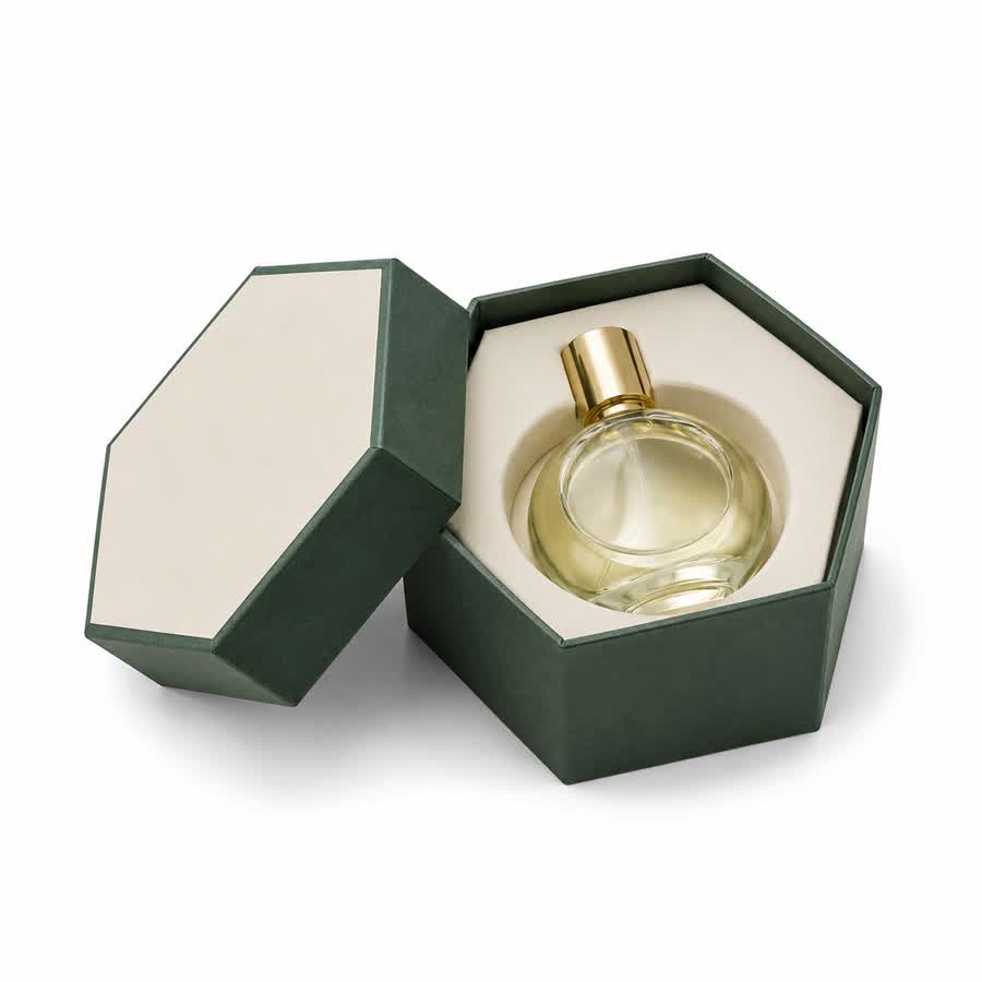 custom perfume box structure with bottle support and printed panels
