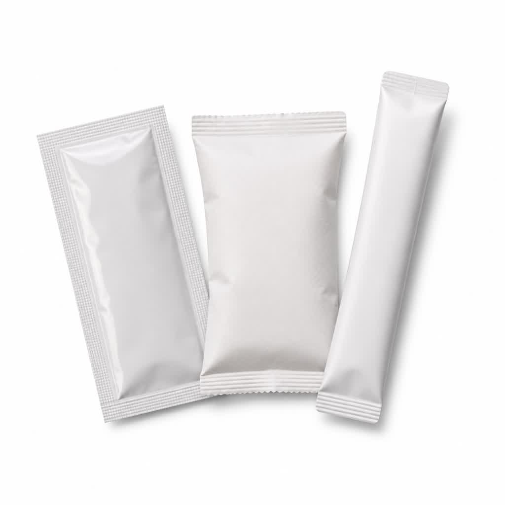 different custom sachet formats arranged for packaging review
