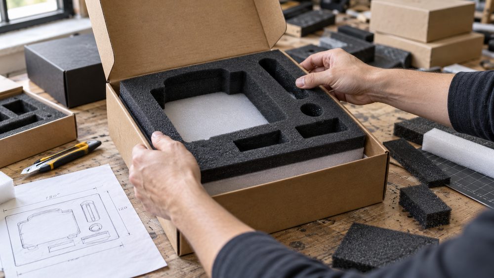 Hands fitting a custom foam insert into a cardboard packaging box