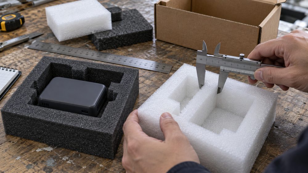 Calipers measuring foam insert thickness and cavity clearance for packaging