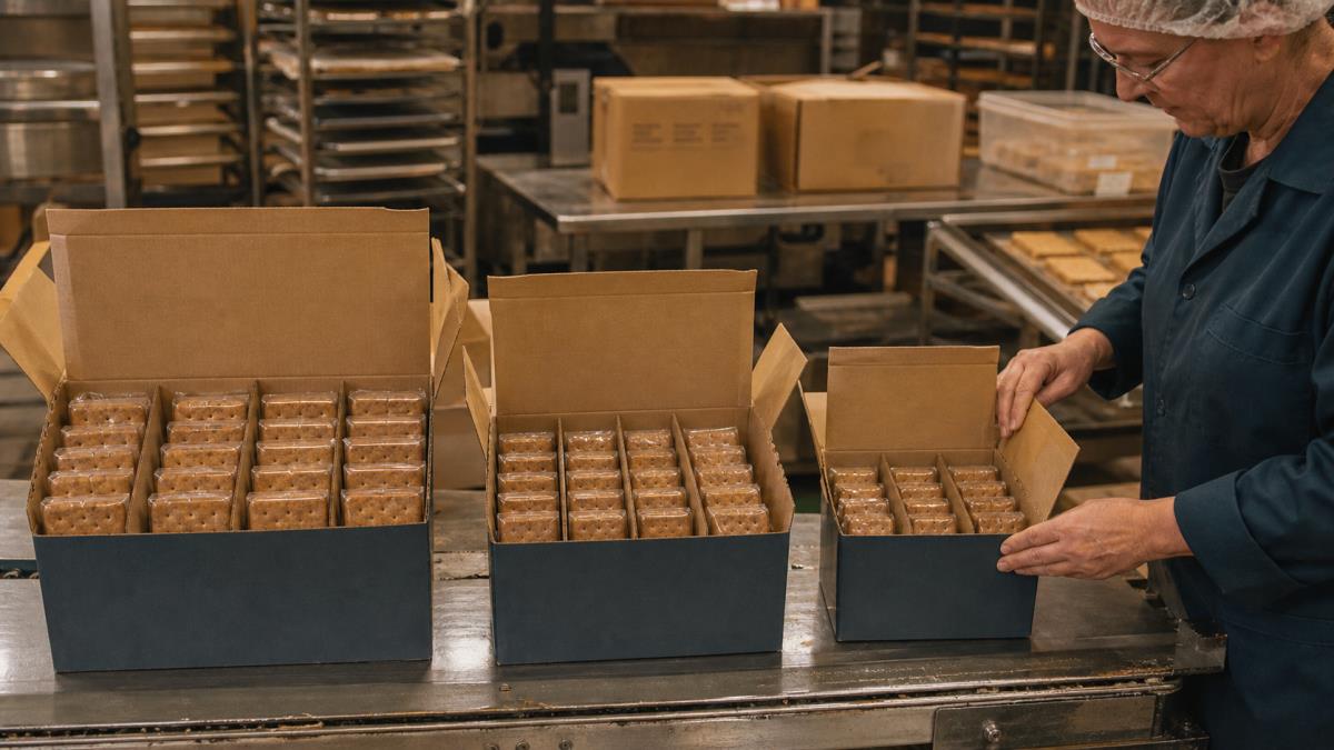 Worker checking graham cracker cartons with different sleeve configurations on a small packing line