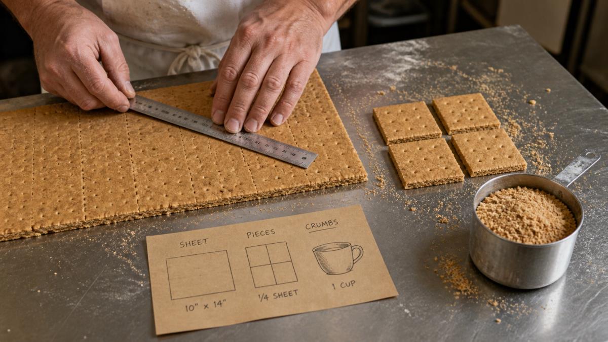 Hands measuring a full graham cracker sheet, broken sections, and crumbs on a bakery table