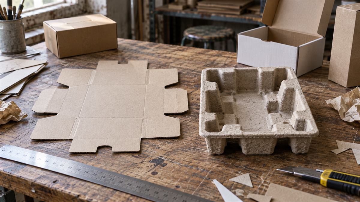Flat paperboard insert and three-dimensional molded pulp insert compared on a packaging workbench