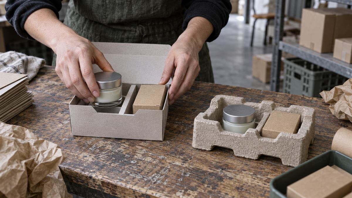 Hands loading a product into a folded paperboard insert beside a molded pulp cradle