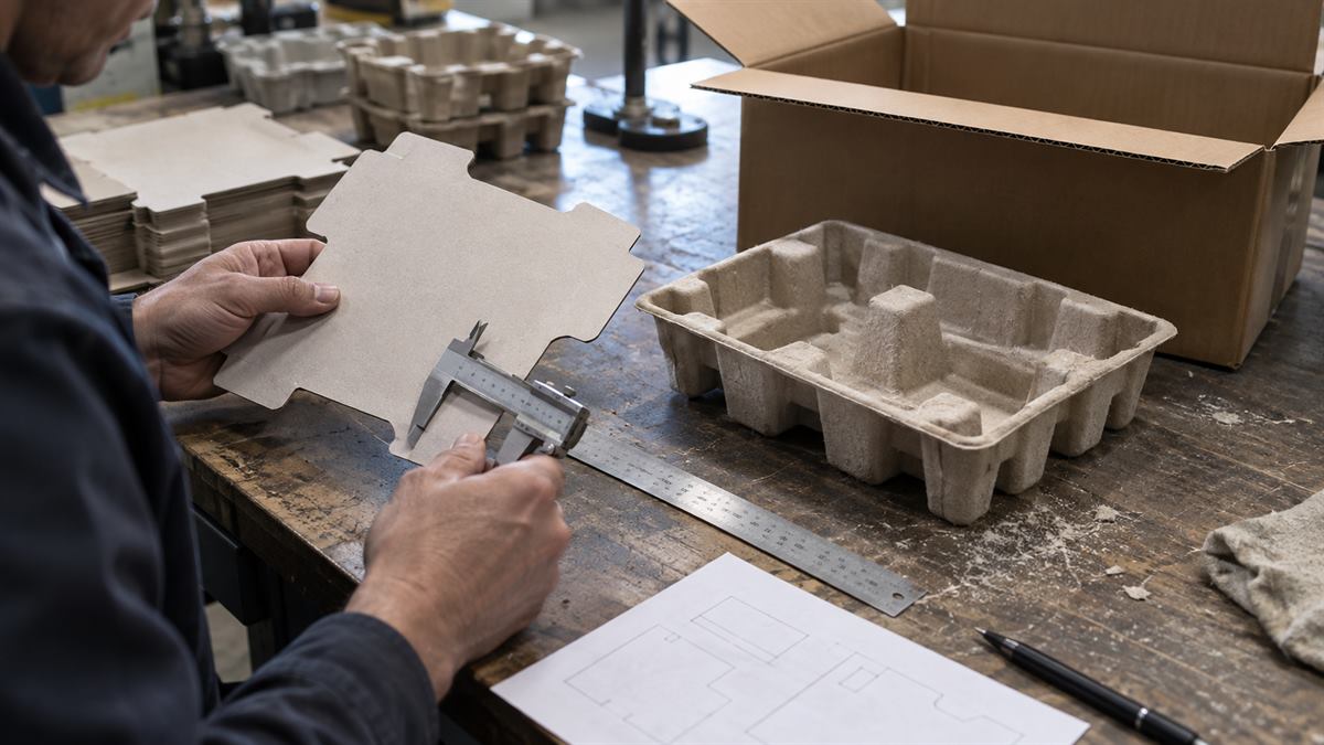 Paperboard and molded pulp insert samples checked with a ruler and calipers