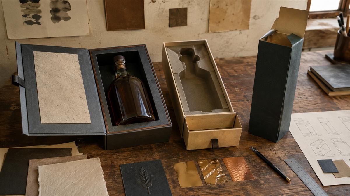 Rigid gift box, drawer box, and folding carton samples arranged on a packaging designer workbench