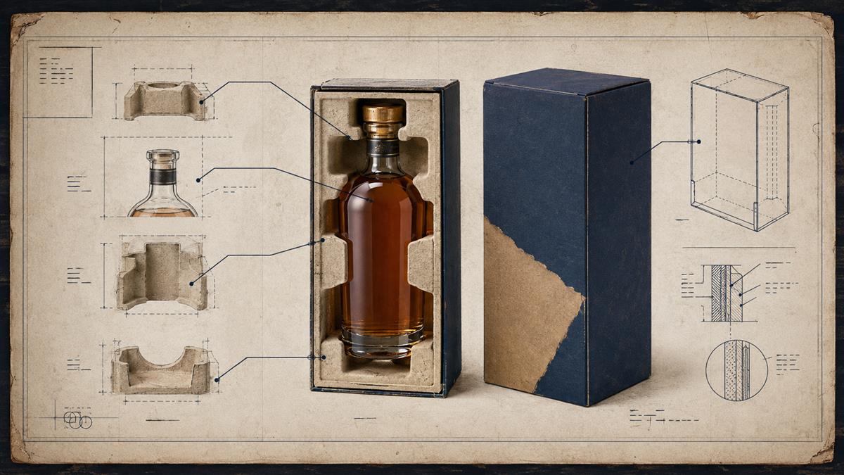 Cutaway technical view of a spirits bottle supported by a fiber insert inside a rigid box