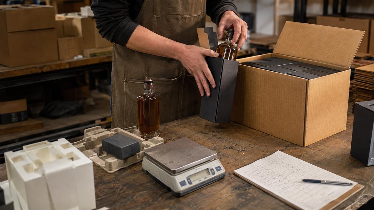 Worker checking a premium spirits carton and bottle insert on a small packing line